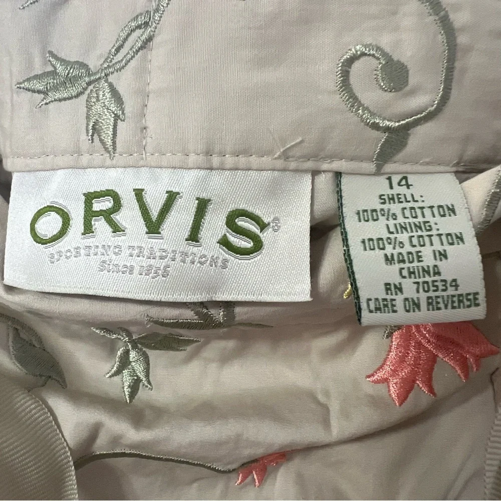 Orvis Tan Floral Embroidered A-Line  Cottagecore Grannycore Midi Skirt Cotton 14